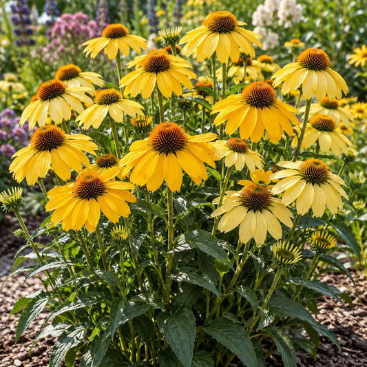 Yellow My Darling Coneflower: Two Shades of Gold Beside Purple