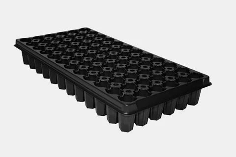 72 Cell Plug Tray, black plastic deep cell tray with star-shaped cells on a light gray background