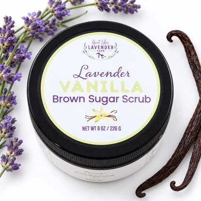 Lavender Vanilla Brown Sugar Scrub jar lid, top view, with lavender sprigs and vanilla beans on white