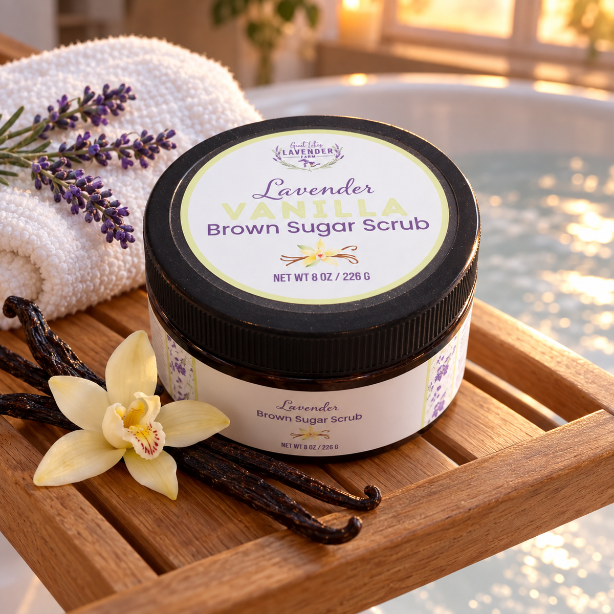 Lavender Vanilla Brown Sugar Scrub jar on a wooden bath tray with vanilla beans, a vanilla flower and lavender