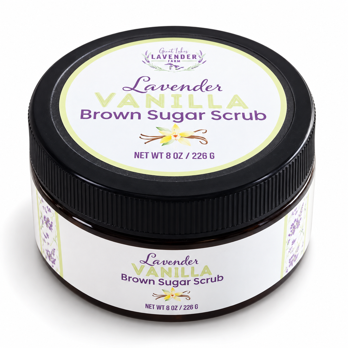 Lavender Vanilla Brown Sugar Scrub, 8 oz jar with a black lid, on a white background