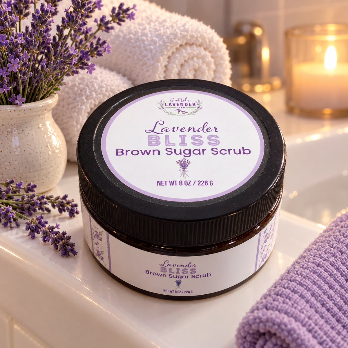 Lavender Bliss Brown Sugar Scrub jar on a tub edge with lavender in a vase, a candle and towels