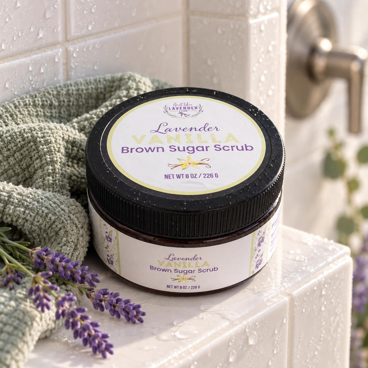 Lavender Vanilla Brown Sugar Scrub jar on a wet tiled shower ledge beside a green towel and lavender