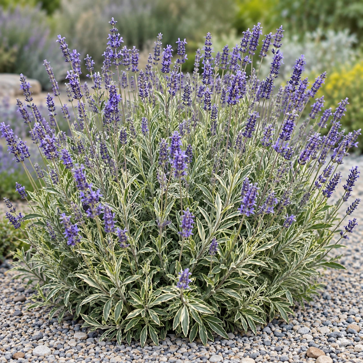 AI-generated illustration of mature Walberton’s Silver Edge Lavender in bloom; not the size supplied.