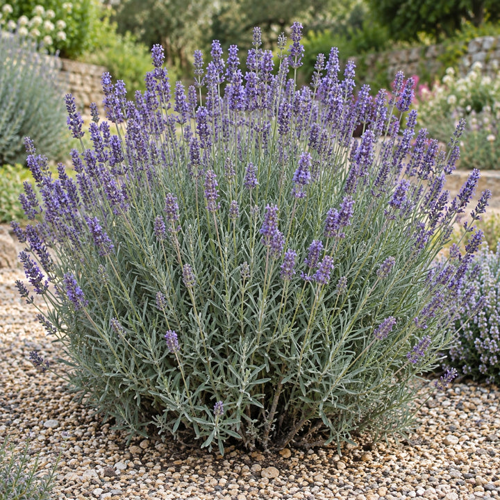 Lullingstone Castle lavender (Lavandula × intermedia) with violet flower spikes in a gravel garden, illustration
