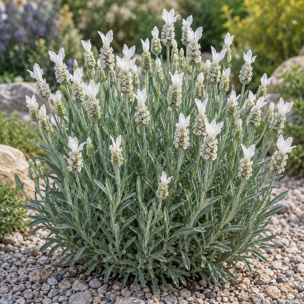 AI-generated illustration of mature Castilliano 2.0 White Lavender in bloom; not the size supplied.