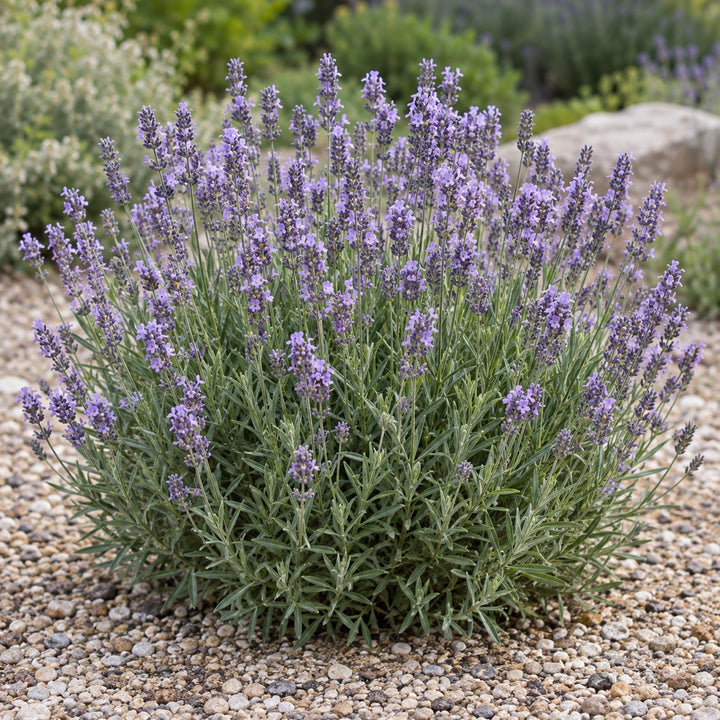 Bklvdvlb lavender (Lavandula angustifolia) with pale lilac-purple flower spikes in a gravel garden, illustration