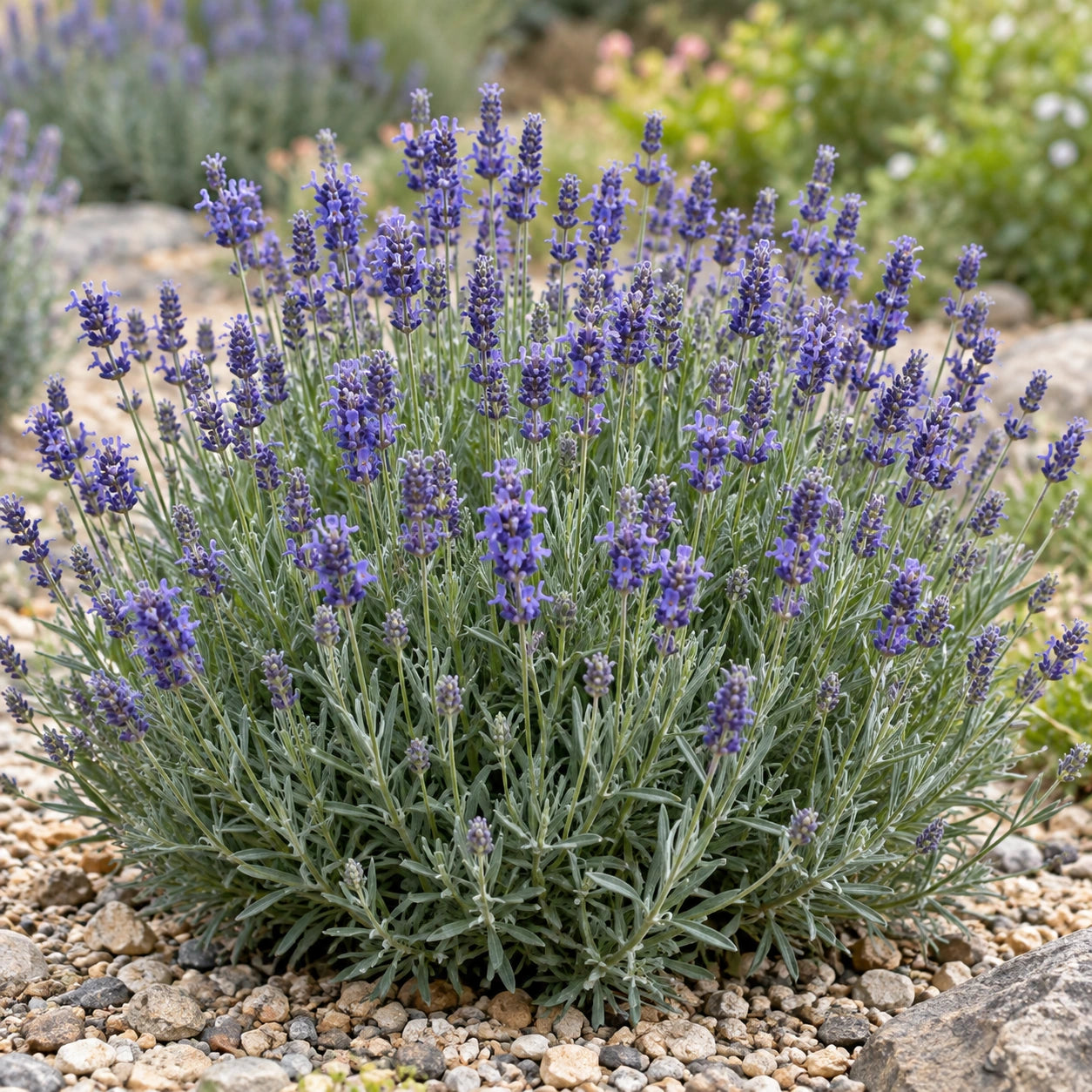 AI-generated illustration of mature Miss Muffet Lavender in bloom; not the size supplied.
