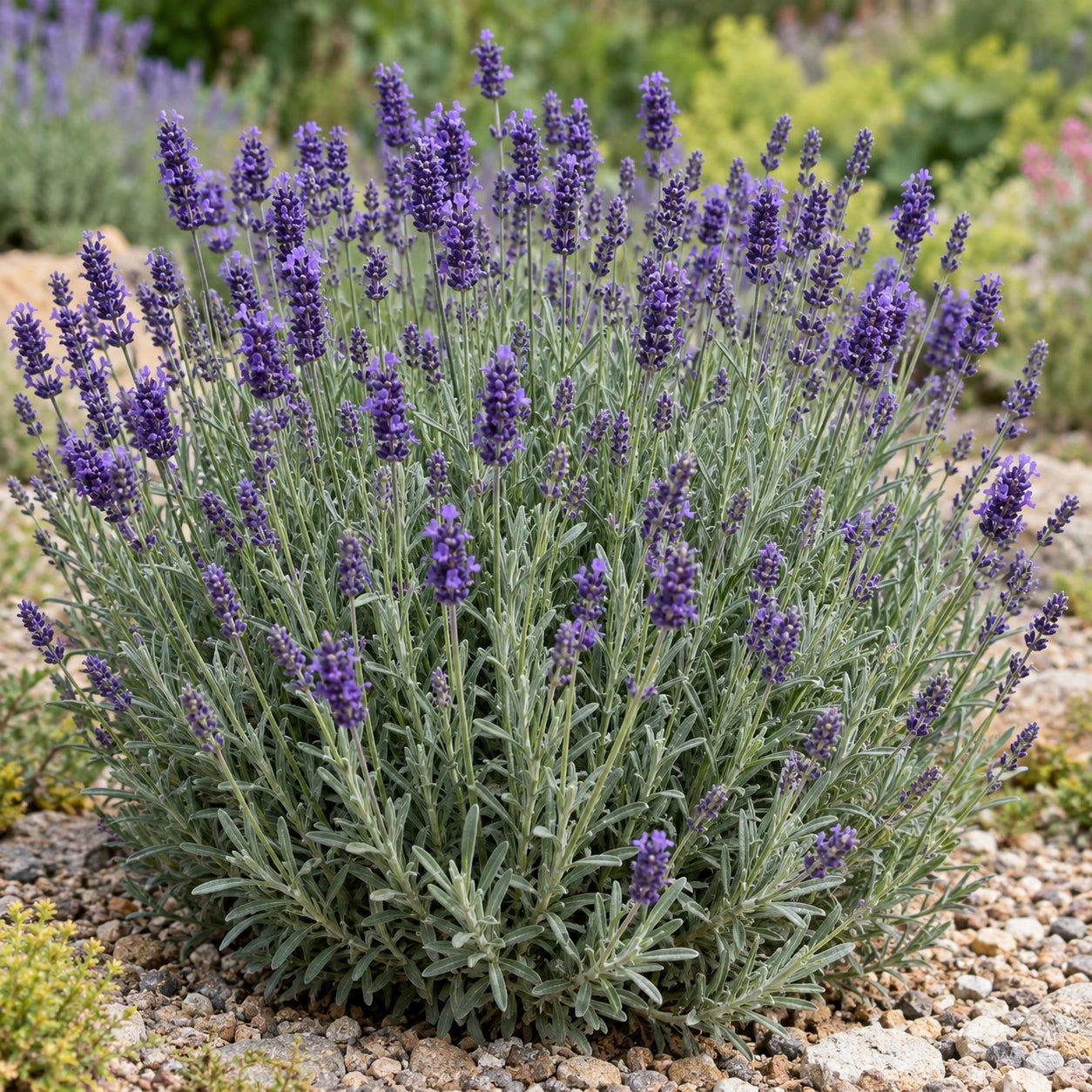 AI-generated illustration of mature Blue Jeans Lavender in bloom; not the size supplied.