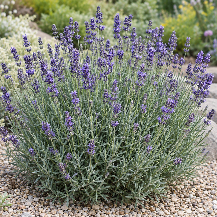 Common English lavender (Lavandula angustifolia) silvery mound with slender violet-blue spikes, illustration