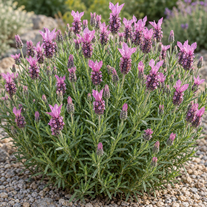 LAVP1385 lavender (Lavandula pedunculata) full mound with mauve-pink flower heads and bracts, illustration