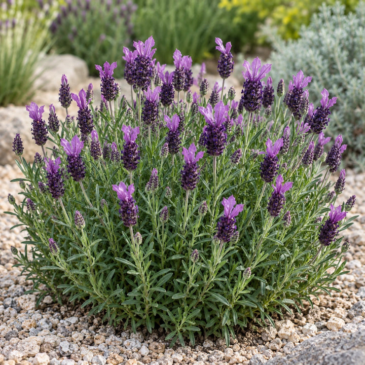 Anouk Deluxe 201908 lavender (Lavandula stoechas) compact mound with plum-purple flower heads in a gravel bed, illustration