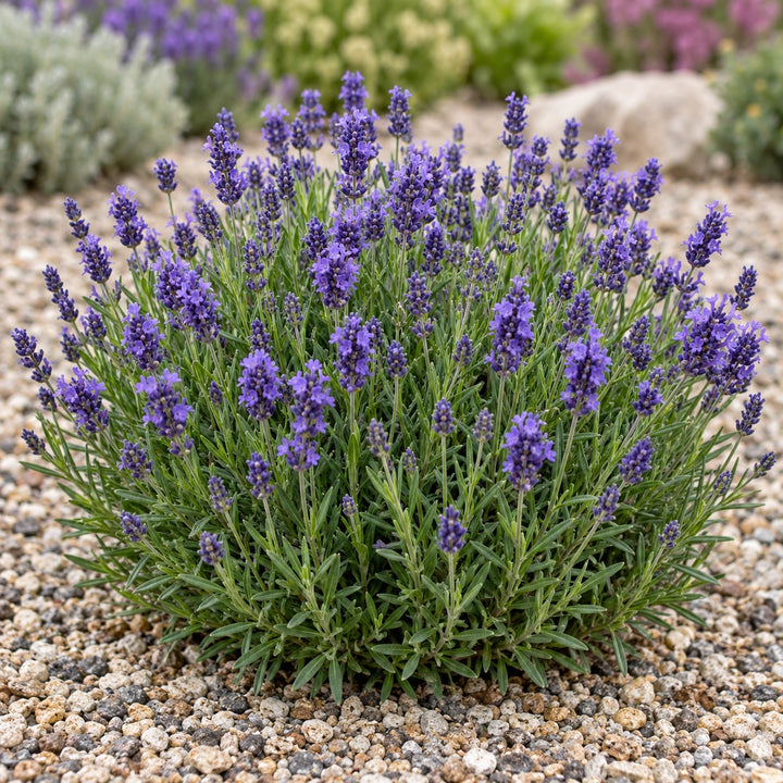 150GY007 lavender (Lavandula angustifolia) rounded mound with dense violet-blue spikes in a gravel garden, illustration