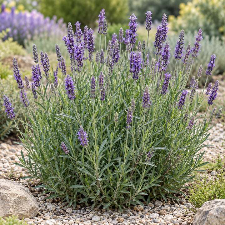 Spike lavender (Lavandula latifolia) narrow gray-green leaves and slender violet spikes in a rock garden, illustration