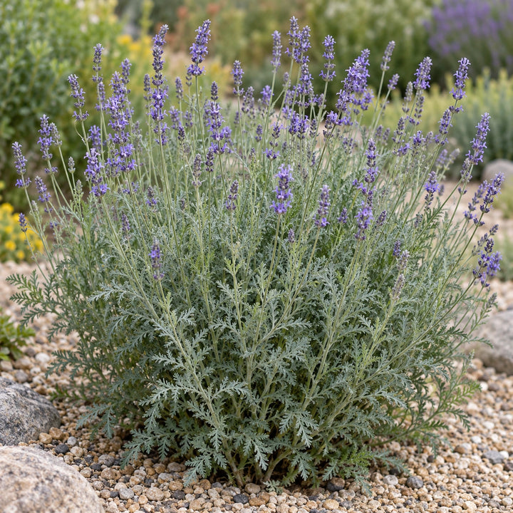 Stagshorn lavender (Lavandula coronopifolia) silvery cut-leaf mound with pale blue-violet spikes, illustration