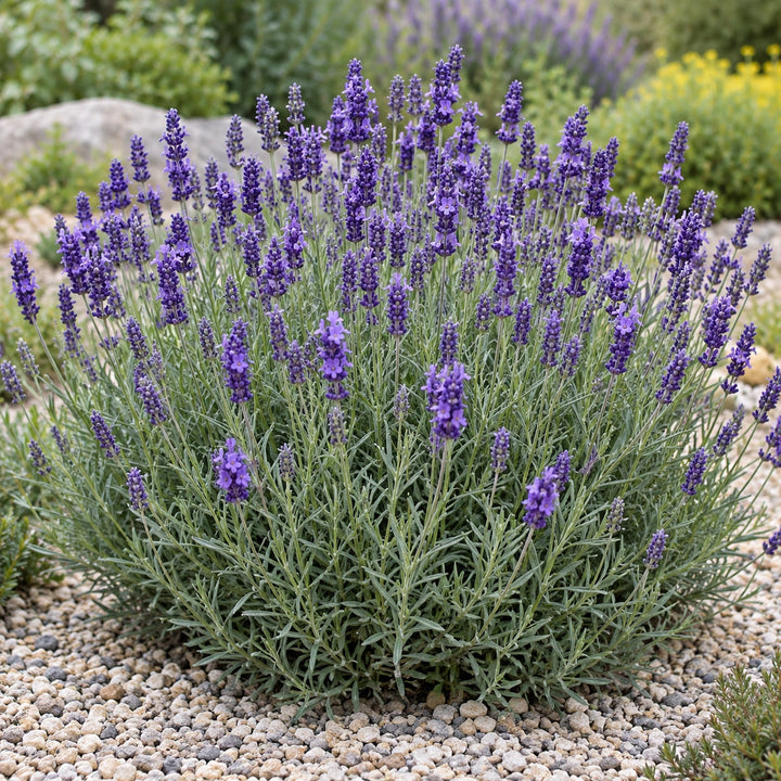 Blue Mountain lavender (Lavandula angustifolia) dense mound with deep purple spikes in a gravel garden, illustration