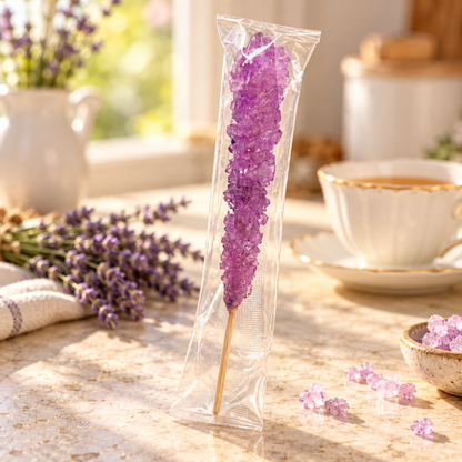 Lavender Rock Candy, a purple crystal stick in a clear wrapper, on a table with lavender and a teacup