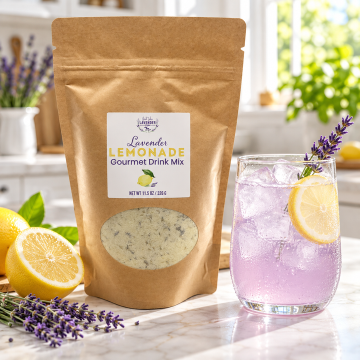 Lavender Lemonade Gourmet Drink Mix kraft pouch beside an iced lavender lemonade with a lemon slice