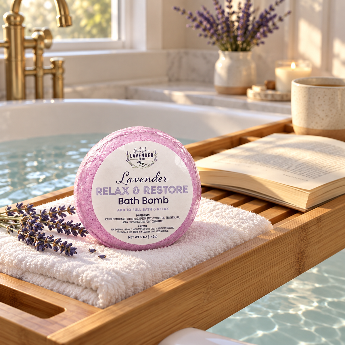 Lavender Relax & Restore Bath Bomb on a towel on a bath caddy with an open book over the tub