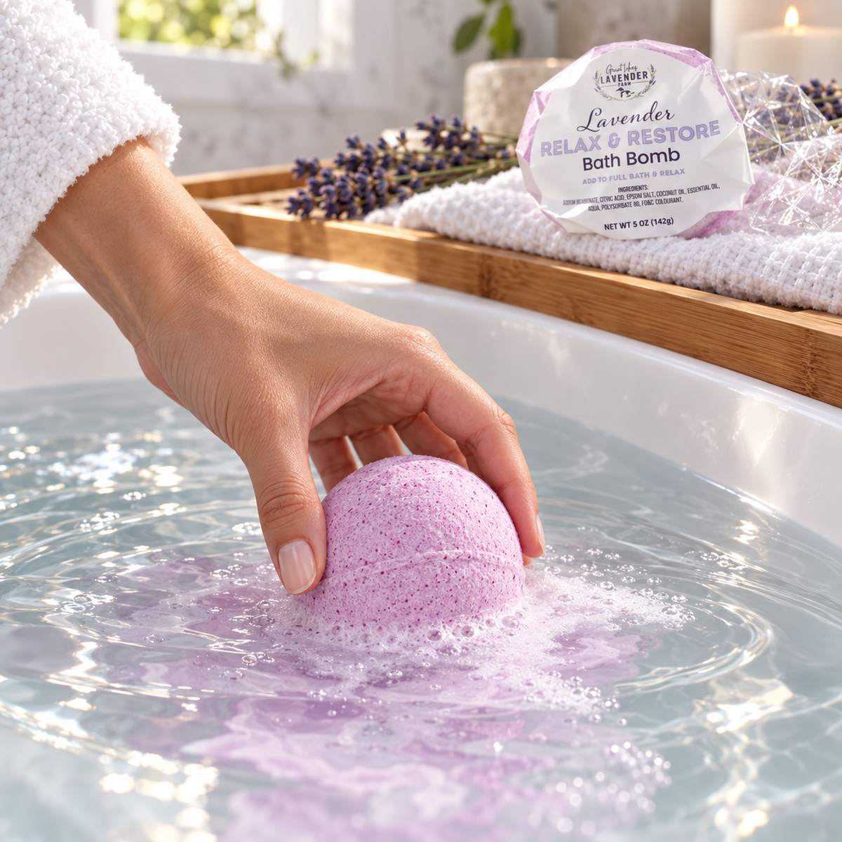 Hand placing a Lavender Relax & Restore Bath Bomb into bathwater as it fizzes