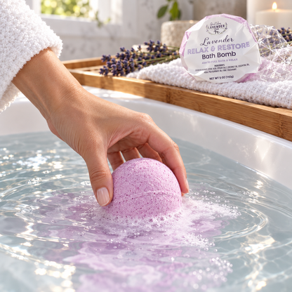Hand placing a Lavender Relax & Restore Bath Bomb into bathwater as it fizzes