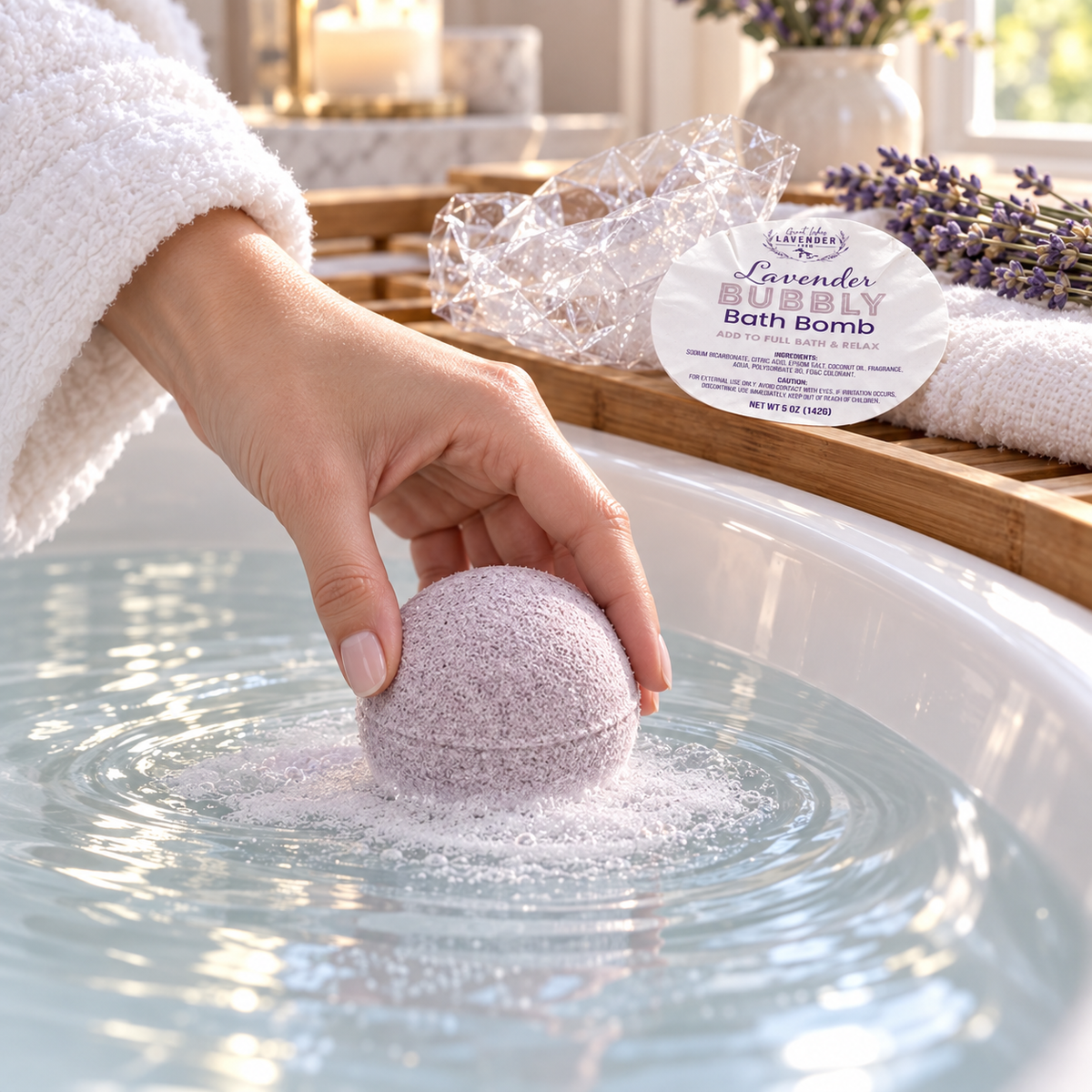 Hand placing a Lavender Bubbly Bath Bomb into a bathtub as it fizzes, its unwrapped label nearby