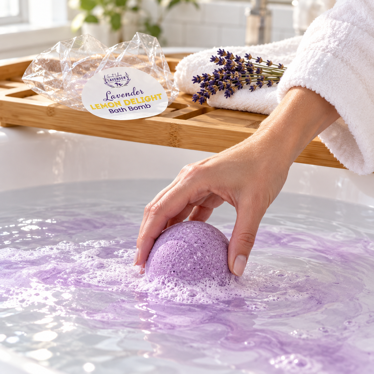 Hand placing a Lavender Lemon Delight Bath Bomb into fizzing purple bathwater