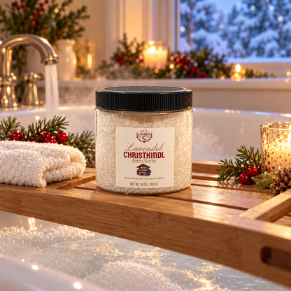 Christkindl bath salts jar on a wooden bath tray
