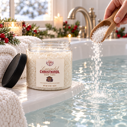Lavender Christkindl Bath Salts in an open jar on a tub edge, hand pouring a scoop of salts into the bath, holiday decor