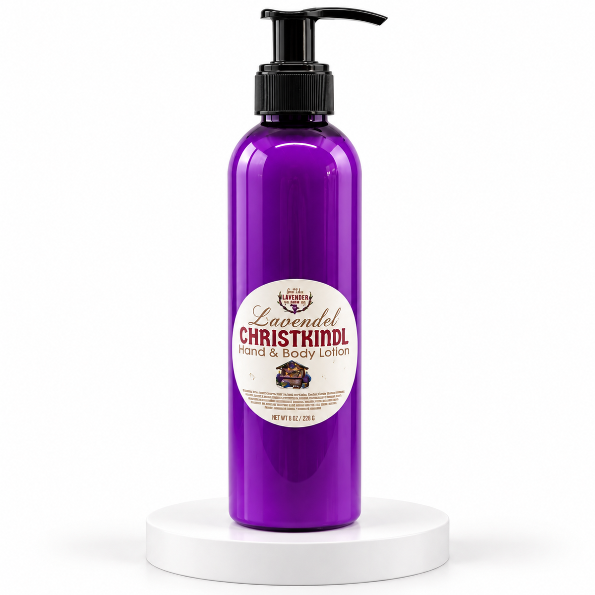 Christkindl lavender hand and body lotion on a white pedestal