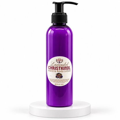Christkindl lavender hand and body lotion on a white pedestal