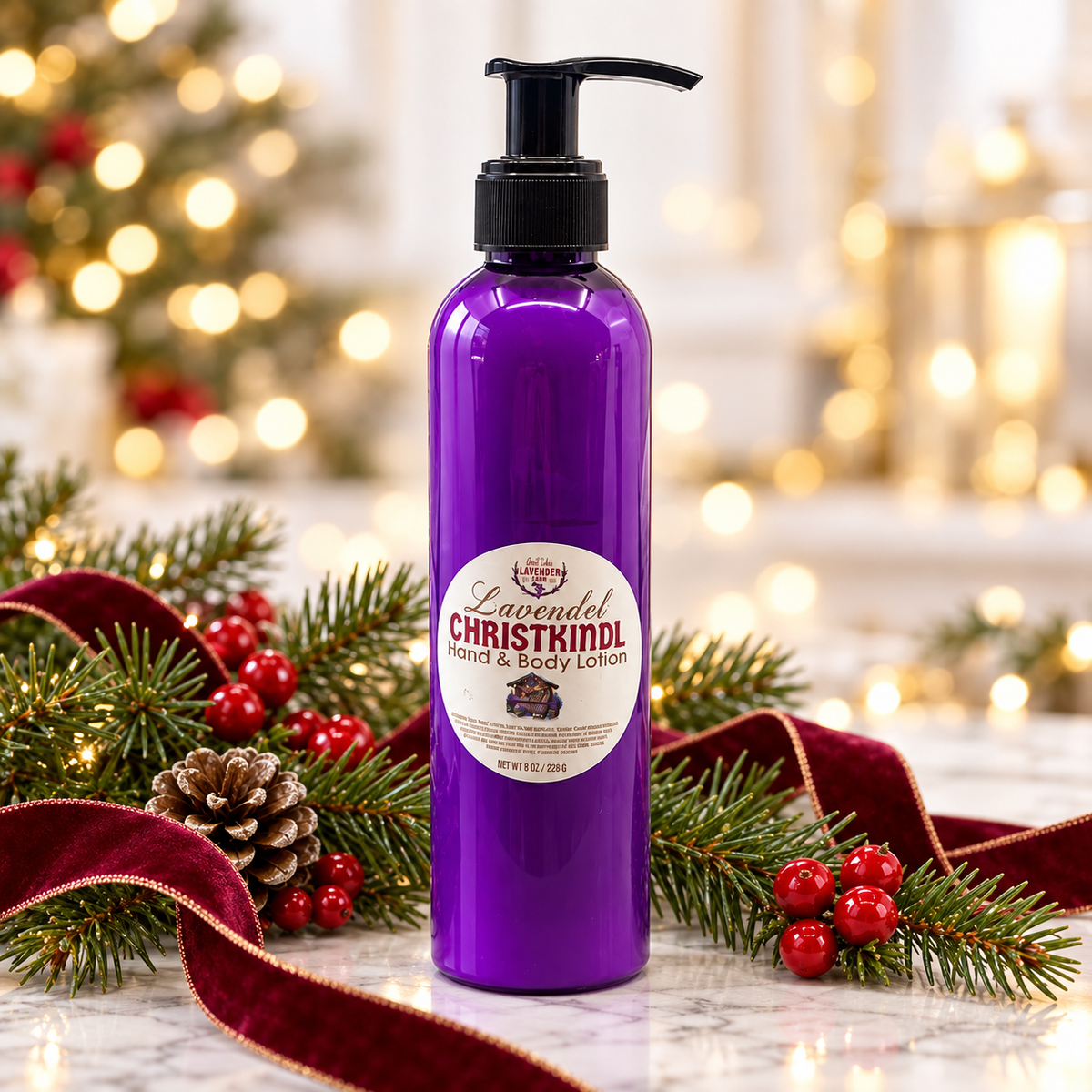Christkindl lavender lotion with holly, pine cones and red ribbon