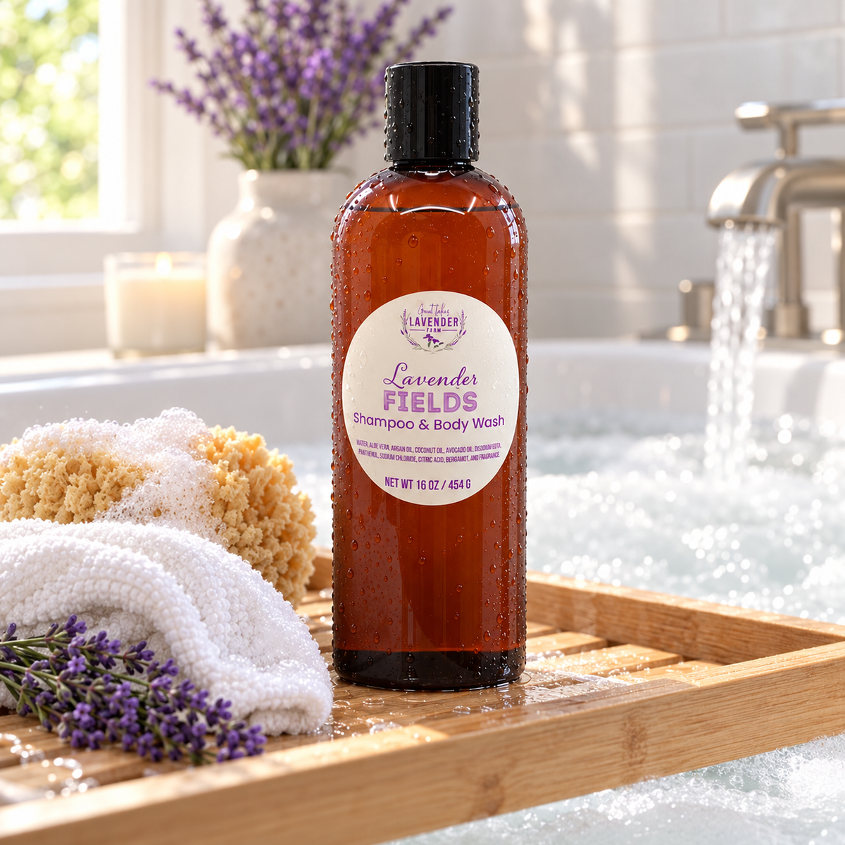 Lavender Fields Shampoo & Body Wash on a bath tray with a sponge and towel over a bubble-filled tub