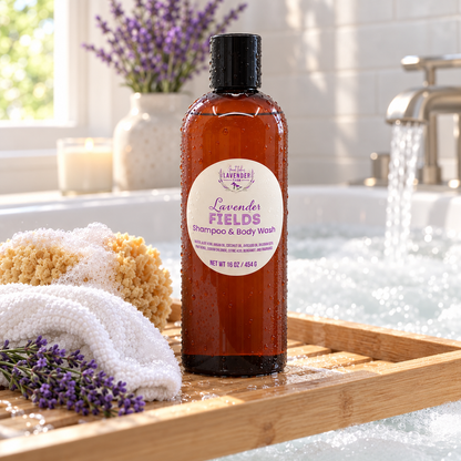 Lavender Fields Shampoo & Body Wash on a bath tray with a sponge and towel over a bubble-filled tub