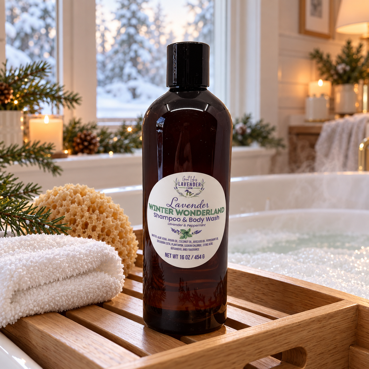 Lavender Winter Wonderland Shampoo and Body Wash on a wooden tray by a bathtub with snow outside the window.