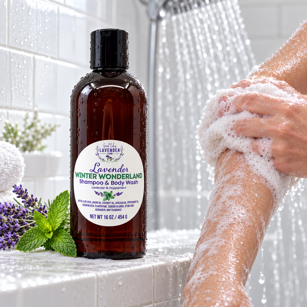 Lavender Winter Wonderland Shampoo and Body Wash bottle next to lavender and mint in a wet tiled shower.