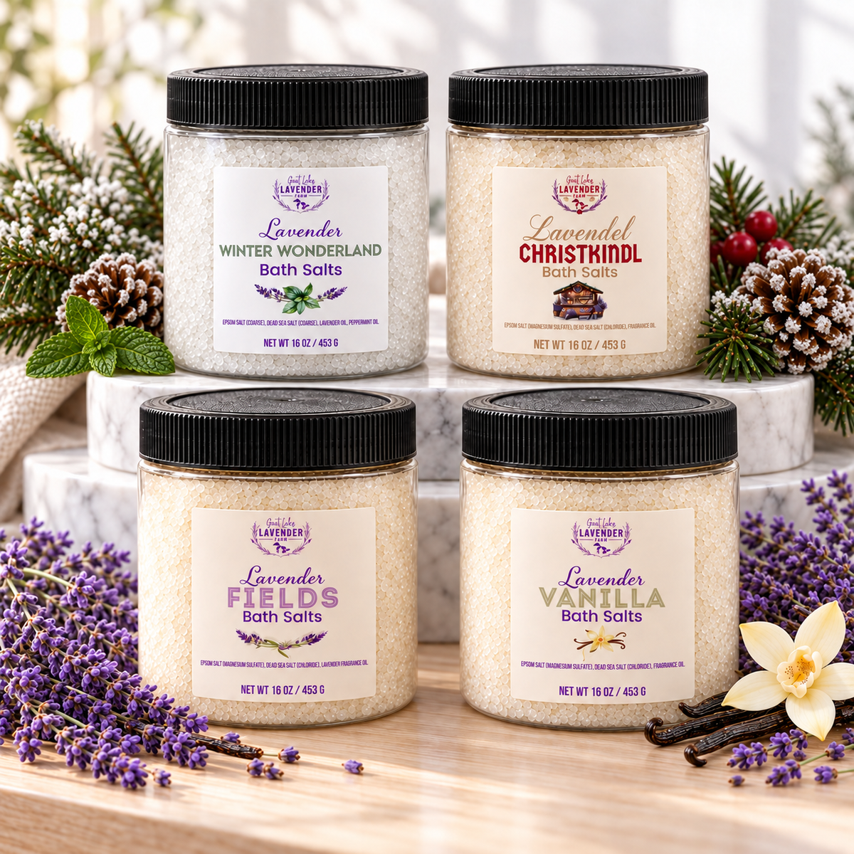 Lavender Bath Salts jars in Winter Wonderland, Christkindl, Fields and Vanilla with pine cones and lavender
