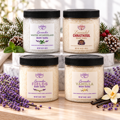 Lavender Bath Salts jars in Winter Wonderland, Christkindl, Fields and Vanilla with pine cones and lavender
