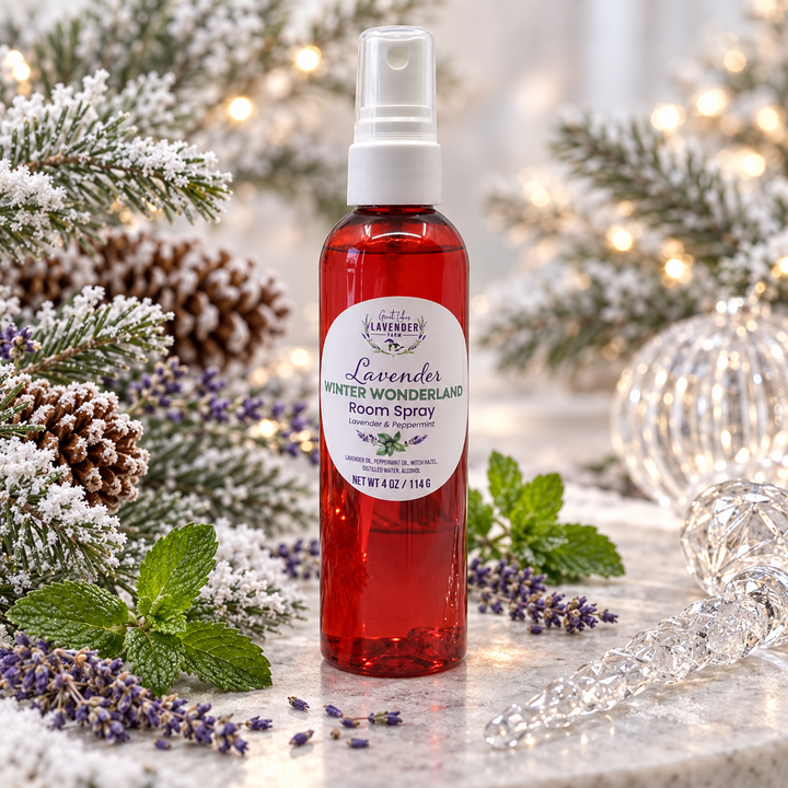 Lavender Winter Wonderland room spray with pine cones and lavender