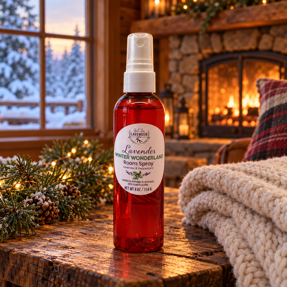 Winter Wonderland room spray on a table by a cozy fireplace