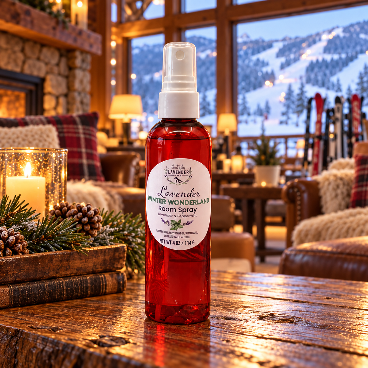 Winter Wonderland room spray in a cabin living room with ski-slope views