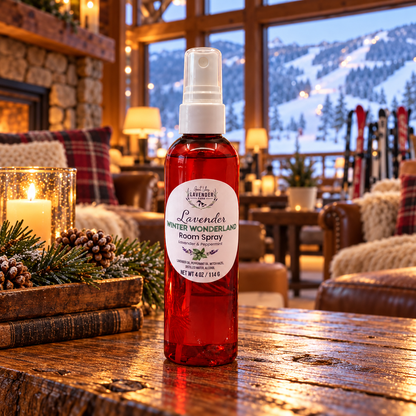 Winter Wonderland room spray in a cabin living room with ski-slope views