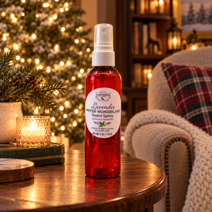 Lavender Winter Wonderland Room Spray red bottle on a side table near a lit holiday tree and candle