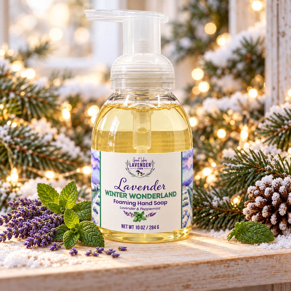 Winter Wonderland foaming hand soap in front of twinkling holiday lights and pine