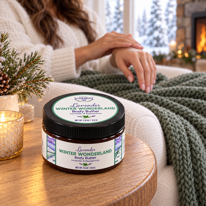 Lavender Winter Wonderland Body Butter jars on a side table by a cozy chair, knit blanket and fireplace