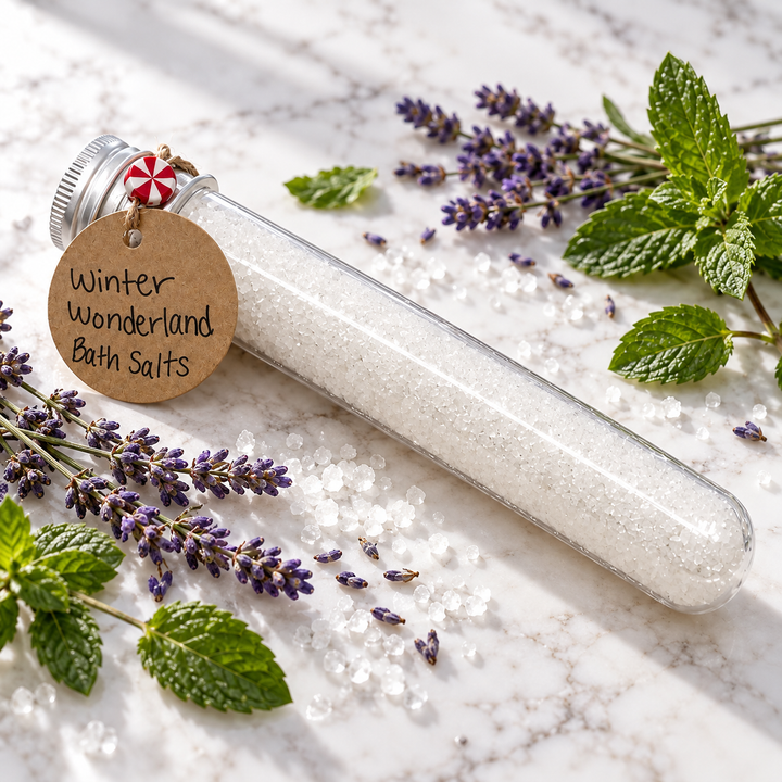 Winter Wonderland bath salts tube with a kraft tag, lavender and mint