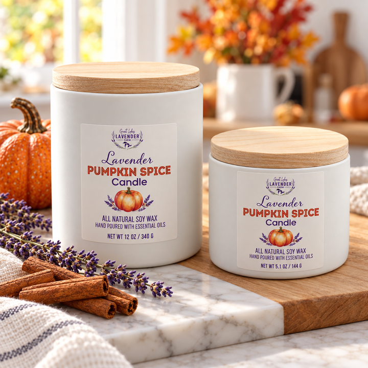 Lavender Pumpkin Spice Candles, large and small, with a pumpkin, cinnamon sticks and lavender