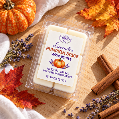 Lavender Pumpkin Spice Wax Melts on a wooden table with a pumpkin, maple leaves and cinnamon, from above