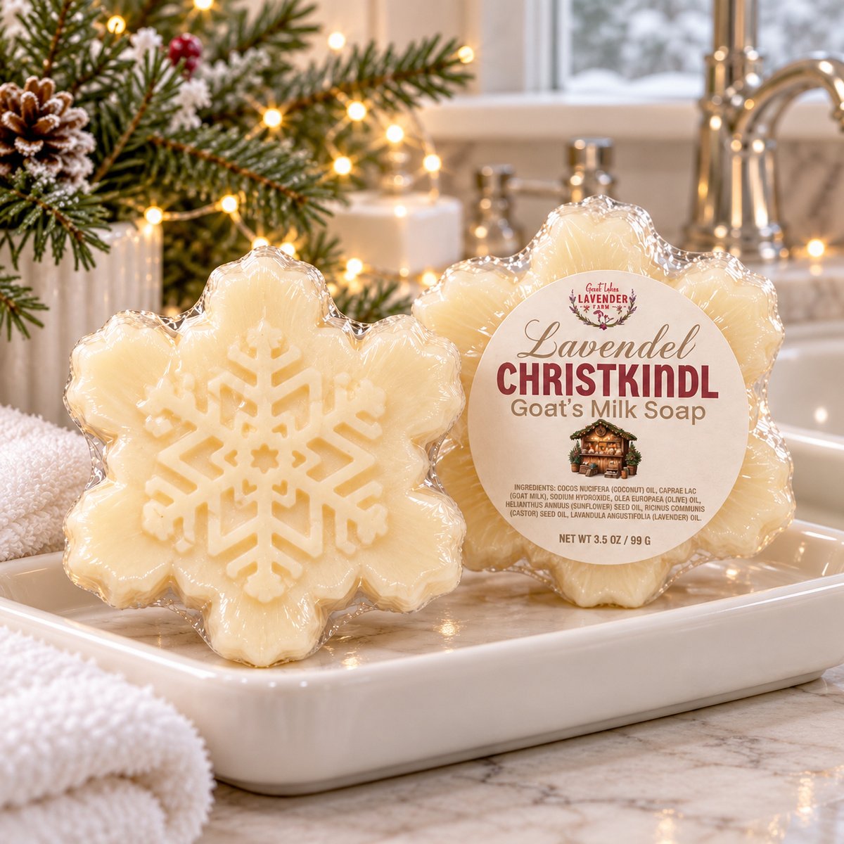 Two snowflake Christkindl goat's milk soaps on a soap dish by the sink