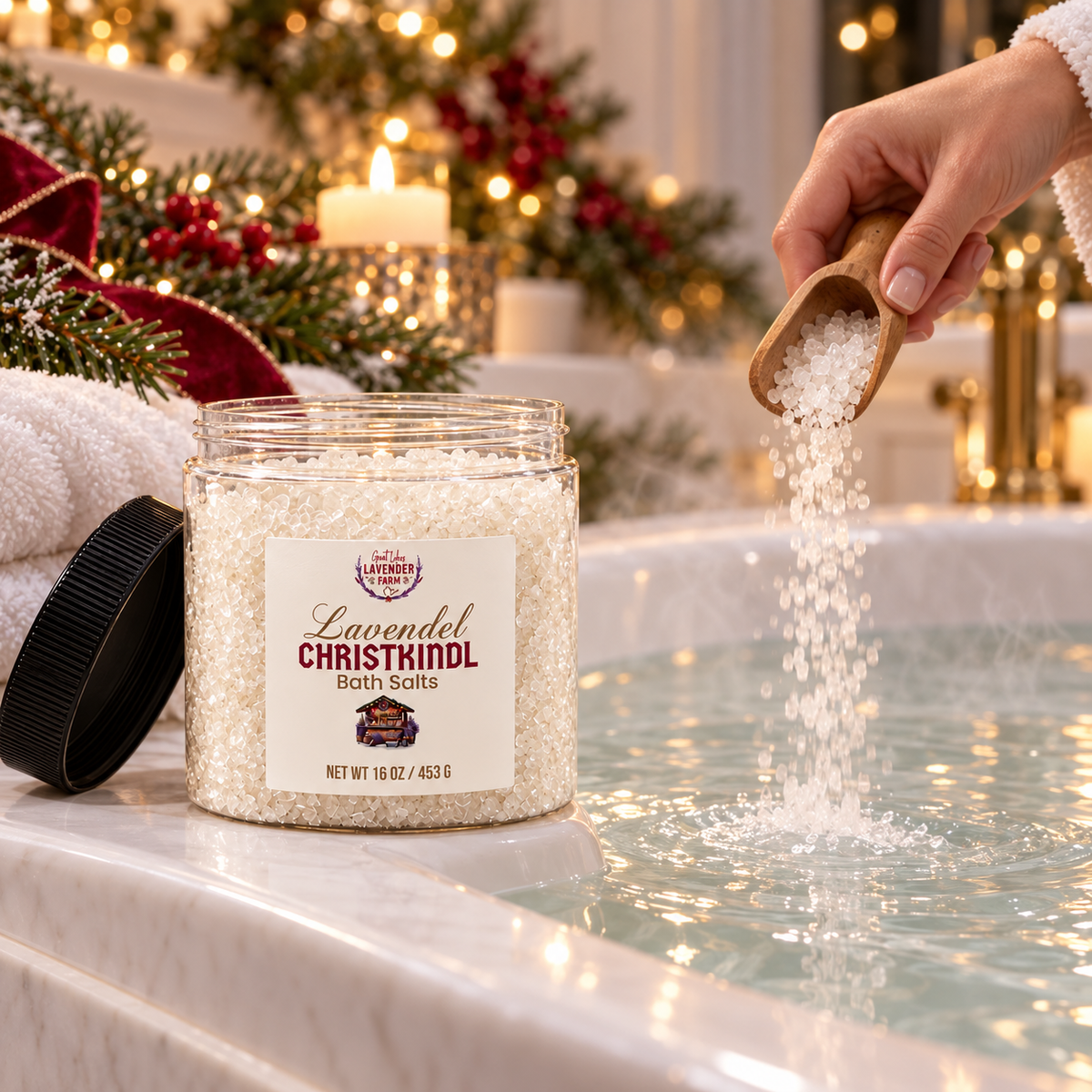 Pouring Christkindl bath salts from a wooden scoop into a warm bath